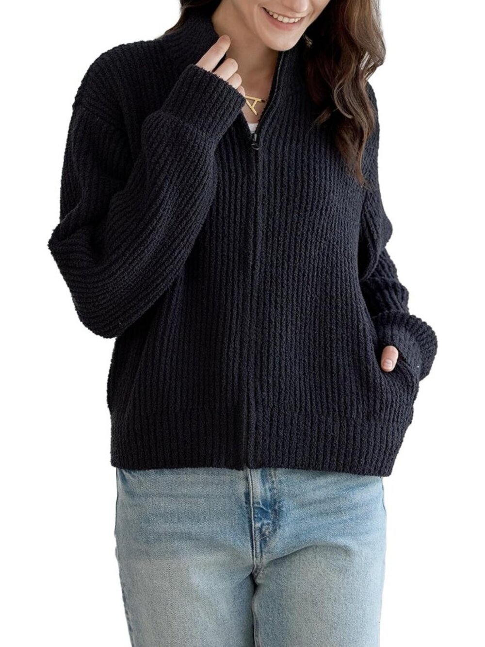 Cozy Women's Mock Neck Zip-Up Cardigan Sweater Jacket with Pockets - Perfect